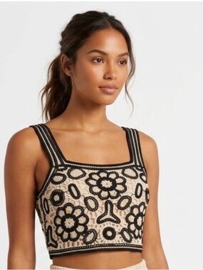 Rebellion Black & Cream Crochet Crop Tank Top Size M Summer Vacation Resortwear